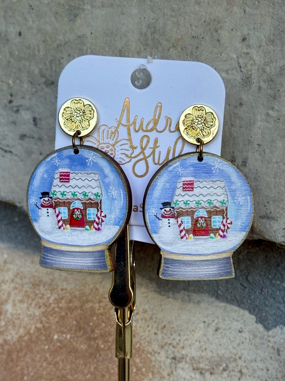 Blue Gingerbread Snow Globe Earrings - Holiday- Winter - Quality
